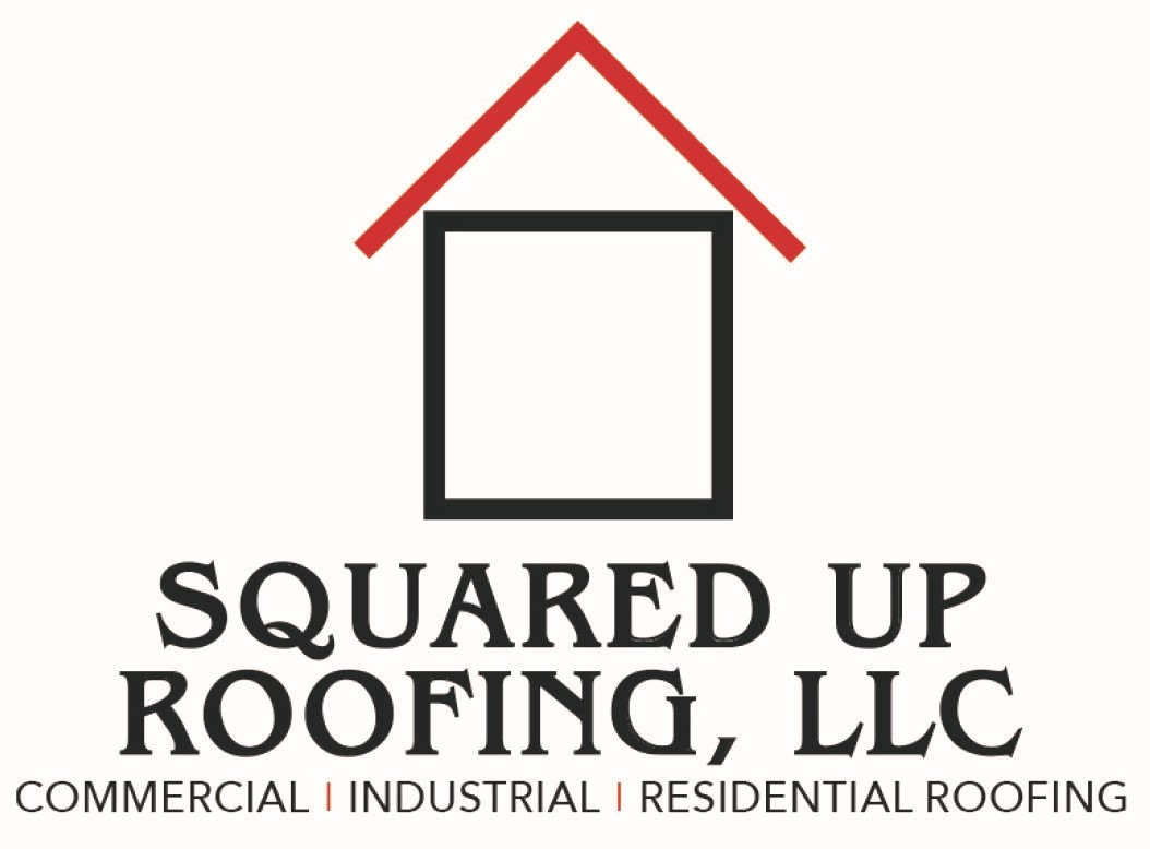 A red and black logo for squared up roofing